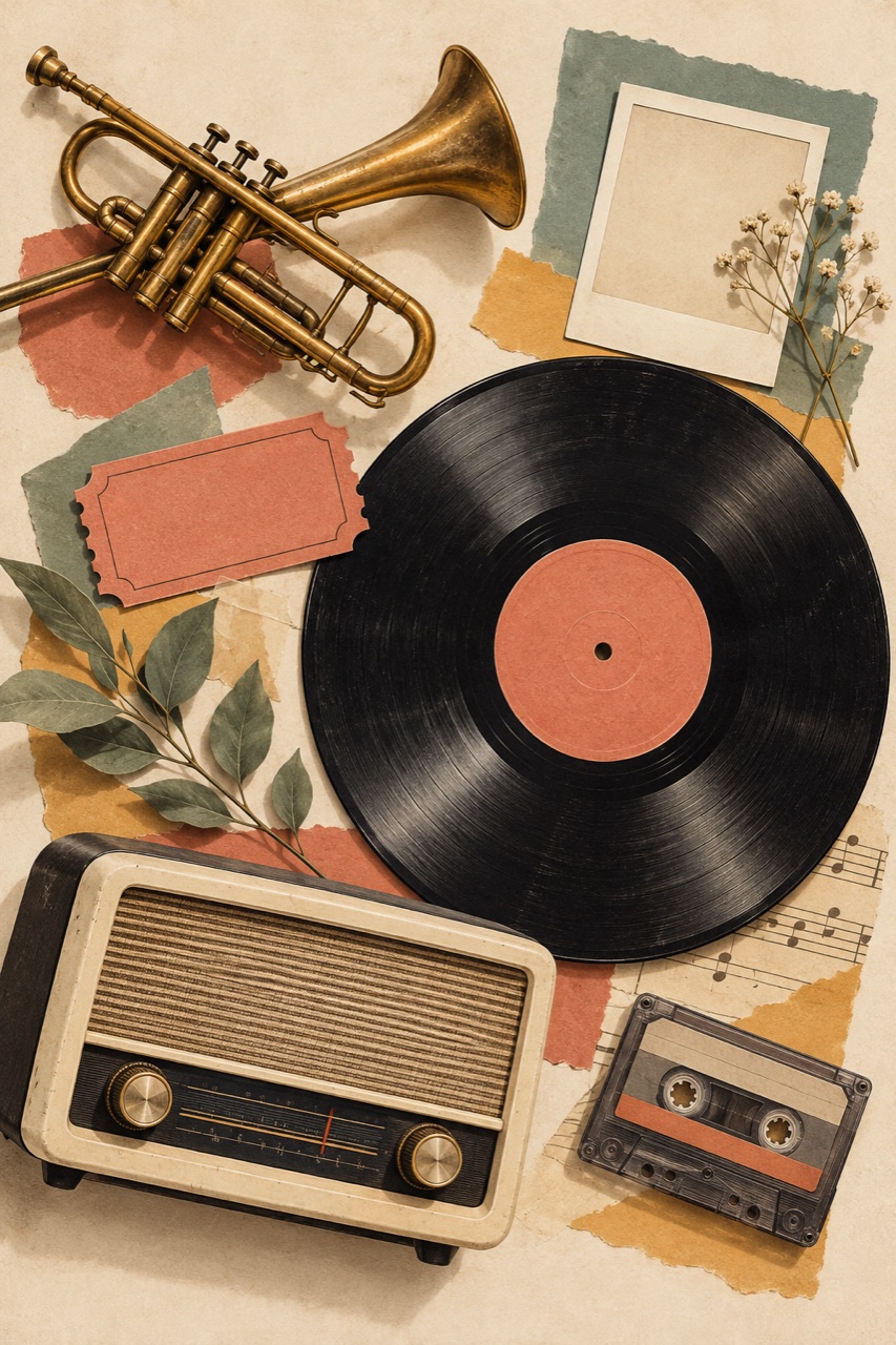 A paper collage with a trumpet, vinyl record, radio and cassette tape.